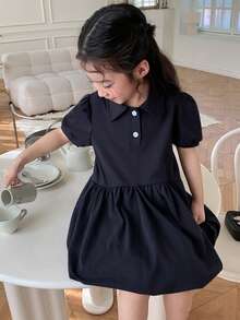 DAZY Young Girls Collared Short Sleeve Dress, Fall Outfit Summer - Navy Blue - View 2