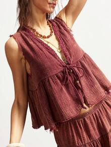 Bohemela Bộ đồ nữ thường ngày gồm áo hai dây màu trơn dệt kim, kiểu dáng hở phía trước và quần short rộng viền ren, thích hợp cho kỳ nghỉ hè, đi biển, đi chơi, bộ đồ thường ngày cho nữ. - Bụi hồng - Xem 6