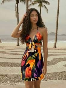 CAJUNI Women's Casual Vacation Parrot & Monstera Leaf Print Cami Mini Dress - Date Outfit - Tropical - Multicolor - View 5