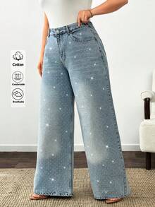 SHEIN Women Rhinestone Embroidery Fashionable Washed Detail High-Rise Wide Leg Elastic Waist Plus Size Denim Jeans - Medium Wash - View 3