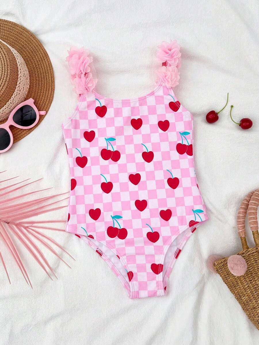 Emery Rose Kids Emery Rose Kids Young Girl Striped Bow Floral One-Piece Swimwear,Girls Ruffle Cherry One Piece Little Kids - Pink - View 1