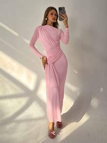 Aloruh 女士优雅不对称领口腰部褶皱网纱派对连衣裙 - 淺粉色 - 查看 9