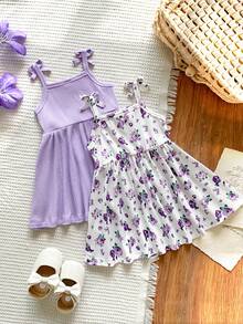SHEIN Vintaside Kids فستان كاجوال مناسب للجميع للبنات الصغيرات، مزين بطباعة أرنب مائي كرتوني لطيف، مناسب لعيد الحب، عيد الفصح، المناسبات، صور عيد الميلاد، الأنشطة الخارجية، الراحة المنزلية، العطلات، الربيع/الصيف، قطعتان - الأرجواني - مشاهدة 2