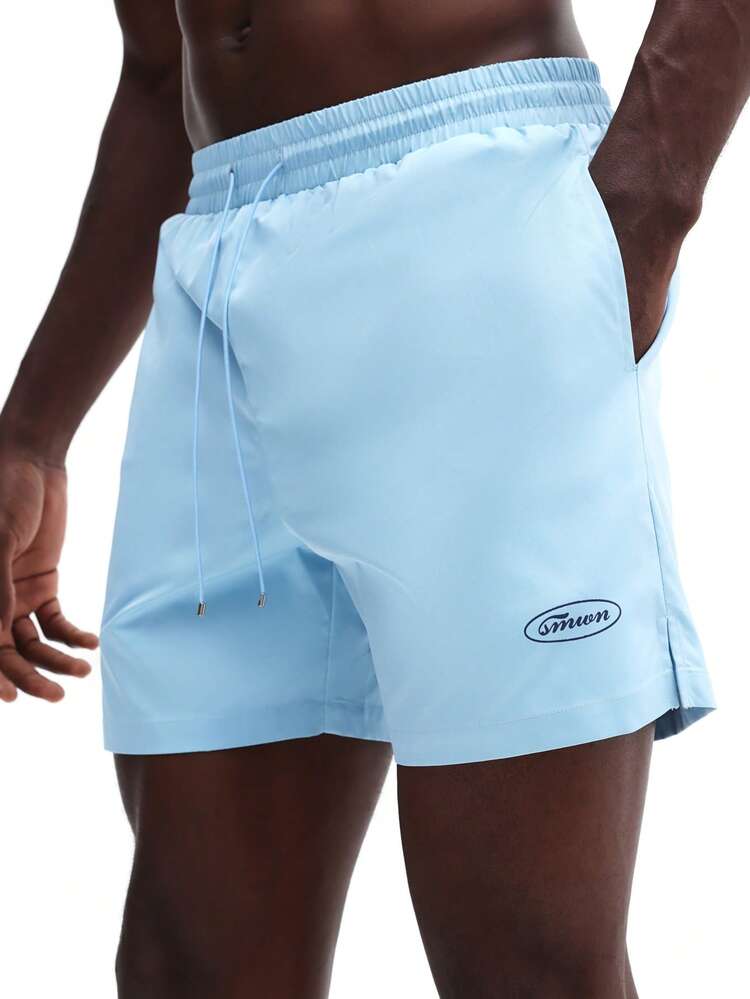 Men's Light Blue Swim Trunks With Drawstring Waist And Side Pockets Beach Summer Vacation Swimming Shorts