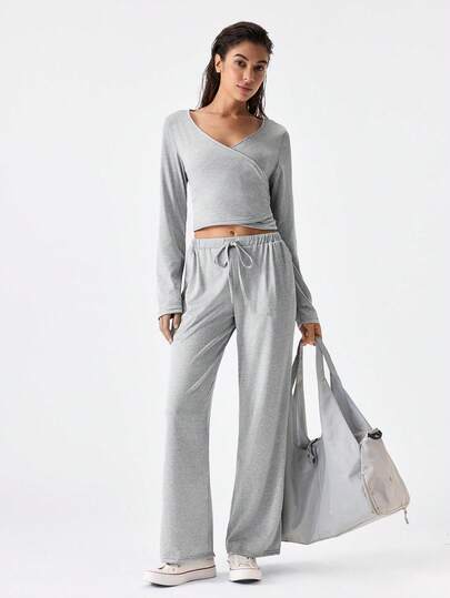 Loungeista 2pcs Women's V-Neck Solid Color Fitted Tie-Waist Sexy Sleepwear Set, Long Sleeve Top And Long Pants, Spring/Summer