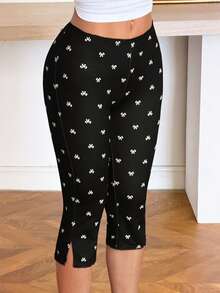 SHEIN EZwear Quần legging nữ ôm sát 7/8, nền đen, thắt nơ. - Đen và trắng - Xem 3