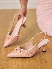 CUCCOO HITCHD 女士简约尖头仿珍珠装饰休闲高跟鞋，适合圣诞节穿着 - 珊瑚橙 - 查看 6