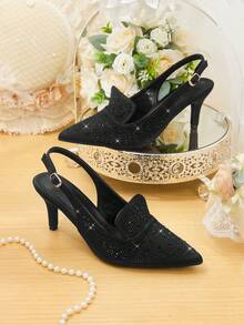 CUCCOO HITCHD Tacones altos con punta afilada y correa de tobillo con cristales negros para mujeres - Negro - Ver 6