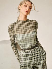 Anewsta Women's Fashionable Retro Brown Plaid Slim Fit Lightweight Long Sleeve Summer Tops - Green - View 3