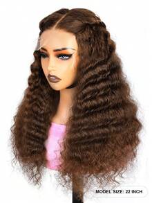 巧克力棕色深波浪卷发真人发假发，4x4蕾丝闭合假发，180%密度，巴西深卷透明蕾丝前额假发，真人发，预先拔毛，带婴儿发，无需胶水，女士假发 - S4 - 查看 6