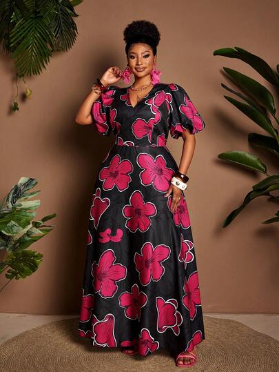 Maweii Women's Elegant V-Neck Puff Sleeve Floral Print Waist Cinched Plus Size Dress, Suitable For Vacation, Party, And Casual Wear