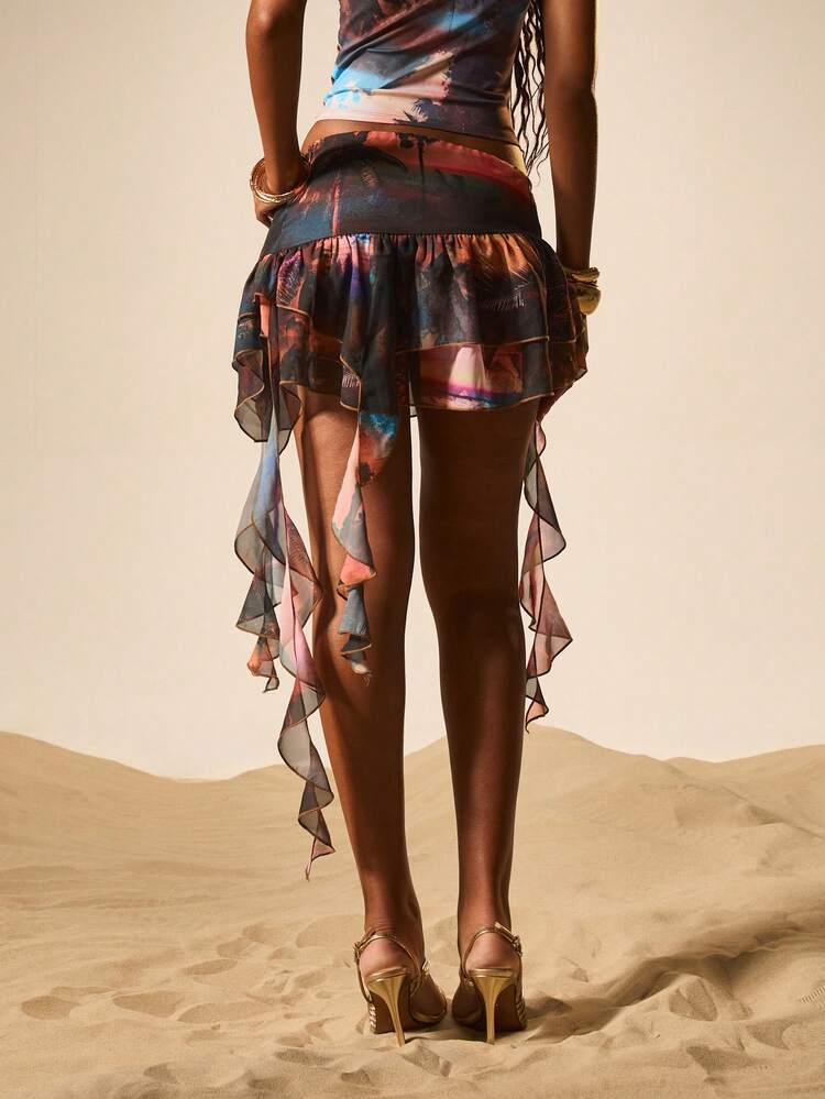 MISSGUIDED Tropical Print Asymmetric Tiered Mini Skirt With Ruffled Layers Beach Vacation Summer Festival Flowing Chiffon Wrap Style Women's