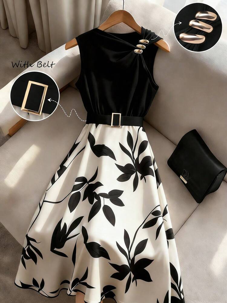 GlowEve Robe mi-longue sans manches à imprimé floral noir et abricot, patchwork, avec boucle métallique à motif feuille, col asymétrique, taille cintrée, élégante, décontractée, idéale pour les vacances, les sorties, les rendez-vous, le style vintage et polyvalent, parfaite pour le printemps/l'été - Multicolore - Voir 6