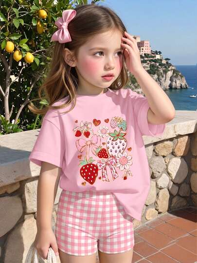 SHEIN GraphicGems 2pcs/Set Baby Girl Sweet & Cute Strawberry, Bow, Floral Print Short Sleeve T-Shirt And Pink & White Plaid Print Shorts Set, Suitable For Summer Outings