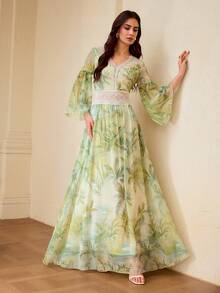 ZEYLAH Đầm cổ chữ V in kỹ thuật số màu xanh lá cây tươi mát lấy cảm hứng từ rừng mưa nhiệt đới, kiểu dáng thanh lịch. - màu xanh lá - Xem 7