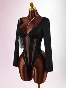 Amplova 2026 New Sheer Sexy Bodysuit - Black - View 3