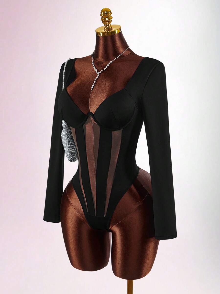 Amplova 2026 New Sheer Sexy Bodysuit Black Body Suit Mesh Bodysuit Black Body Suits For Women Sexy Women Clothes - Black - View 1