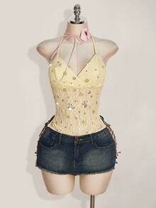 SHEIN ICON 2026新款女士度假休闲蕾丝亮片装饰露背吊带上衣，夏季可爱女士上衣，夏季束身胸衣，带肩带束身衣，女士上衣 - 淡黃色 - 查看 13