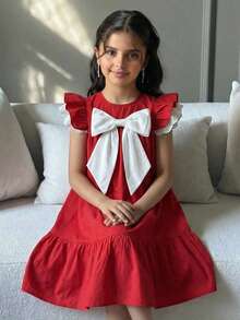 SHEIN Tween Girl White Contrast Bow Tie Cap Sleeve A-Line Casual Red Dress - Red - View 5