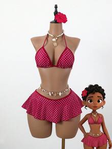 Swim Mod Women Red And White Polka Dot Bikini Set,Summer Tropical Beach Holiday Vacation,Spaghetti Strap Top&Ruffle Trim Contrast Bottom 2 Pieces Skirt Suit - Red - View 3