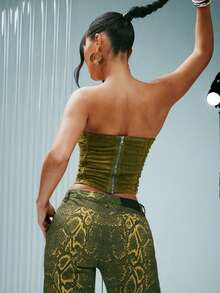 Denimoi 水洗牛仔天鹅绒效果系带束身胸衣 - 綠色 - 查看 5