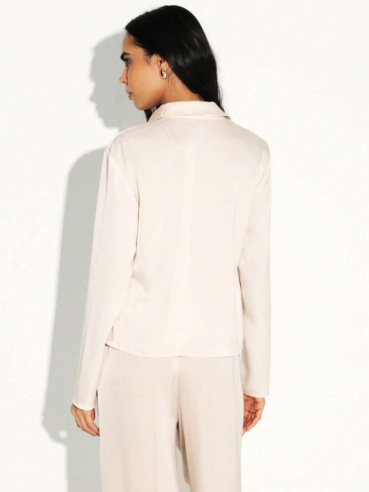 KSTM Women Satin Long Sleeve Button Up Blouse Draped Collared Office Work Top
