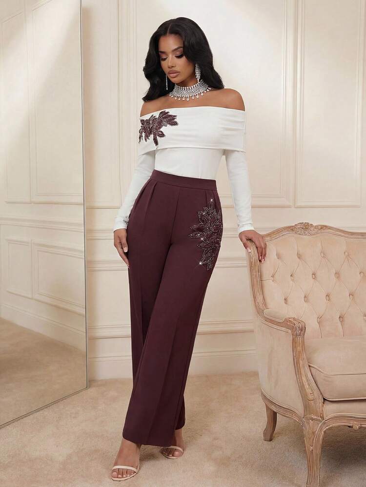 Anewsta Women's White Off-Shoulder Long Sleeve Top, Luxury Crystal Floral Decor, Elegant Spring/Summer Formal Wedding Guest Party Outerwear