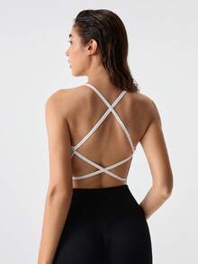 Loungeista 1-Piece Women's Seamless Knit Ribbed Sexy Bra, Wireless Cross Strap Backless Sports Brafor Summerfor Summer - White - View 3