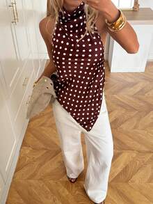 SHEIN EZwear 女士棕色缎面波点不对称下摆露背吊带上衣 - 咖啡棕 - 查看 5