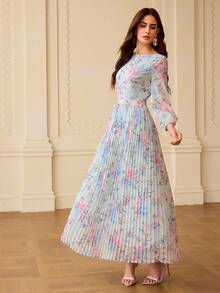 ZEYLAH Fashionable Printed Pleated Women Dress - Blue - View 4