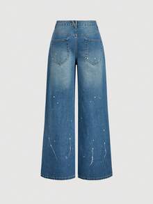 SHEIN MOD 女士休闲破洞阔腿牛仔裤 - 藍色 - 查看 2