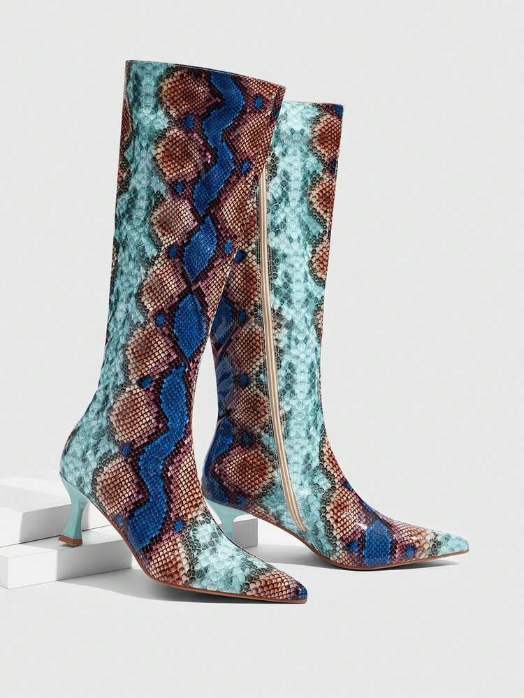 CUCCOO SZL Women's Fashion Pointed Toe Snakeskin Pattern Minimalist Elegant Versatile Side Zipper Stiletto Knee-High Boots For Christmas