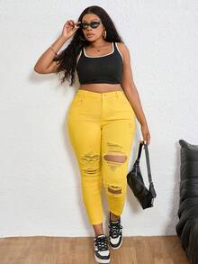 SHEIN ICON Plus Size Women High Waist Pockets Distressed Skinny Casual Versatile Denim Jeans - Yellow - View 3