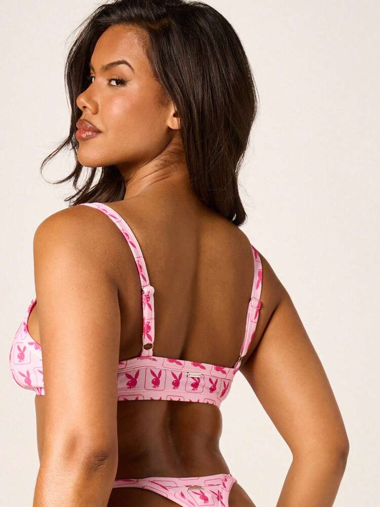 Missguided x Playboy Women's Bunny Print Triangle Bralette And Thong Panty Set Lingerie Two Piece Intimate Apparel Valentine's Day Gift