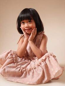 SUMWON Girls V-Neck Tiered Ruffle Dress With Shoulder Tie Details For Spring Summer Party Occasions - Apricot - View 3