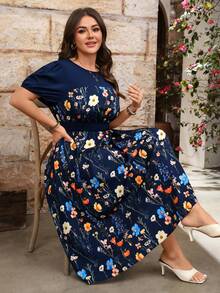 EMERY ROSE Đầm midi dáng xòe cổ tròn tay phồng phối màu trơn in hoa dành cho nữ cỡ lớn, phong cách thanh lịch Pháp, thích hợp cho kỳ nghỉ, thường ngày, lãng mạn, đa năng, retro, mẫu mới cho mùa xuân/hè/thu. - Nhiều màu - Xem 7