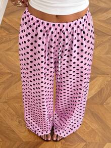 SHEIN EZwear 女士抽绳腰带波点休闲百搭阔腿裤，适合日常穿着 - 粉色 - 查看 6