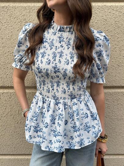 Solivie Women's Mandarin Collar Floral Print Pleated Casual Versatile Daily Wear Blouse Smocked Floral Blouse French Style Top Shirred Floral Top Puff Sleeve Top Blue And White Floral Top Summer Blue And White Retro Print Cropped Shirt With Cinched Waist, Elastic Puff Sleeves, Short Sleeves, And A Rustic Style.