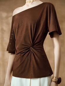 Revavyn 女士短袖T恤，采用闪亮金色针织面料，收腰设计，饰有褶裥细节，是夏季日常穿着的理想之选。 - 棕色 - 查看 6