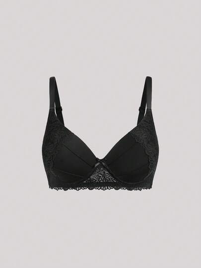 女士黑色钢圈文胸 - 蕾丝拼接设计，简约风格，提拉支撑，性感日常穿着