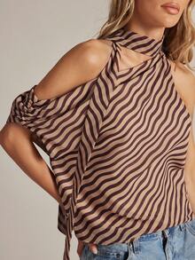 Hauture Women's Off Shoulder Office Wear Diagonal Stripe Blouse - Multicolor - View 5