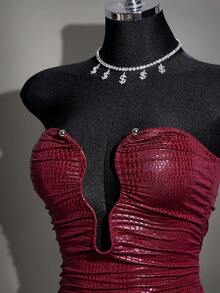 SHEIN ICON 女士修身连衣裙，镂空领口，金属装饰 - 酒紅色 - 查看 4