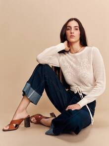 lacRébo 高腰深色阔腿牛仔裤，前部有褶皱，裤脚可卷起，优雅的春夏牛仔裤，法式巴黎风情 - 深色水洗藍 - 查看 6