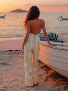 CAJUNI Monos de moda de verano sin mangas y sin espalda con estampado bordado de loro - Amarillo - Ver 2