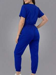 Set Surgical Uniform Set 2 Pieces Lady Woman Sleeve Short Neck V Pants Jogger Spring Comfy Drawstring - Blue - View 2
