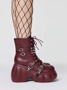 ROMWE Grunge Punk Women Heeled Sandals~ 2026 New Fashion Autumn And Winter Punk Style Burgundy PU Round Toe Wedge Heel Thick Bottom Rivet Metal Buckle Front Zipper Small High Heel Riding Boots Hot Girls Ankle Boots Y2K 2000s Style - Burgundy - View 4