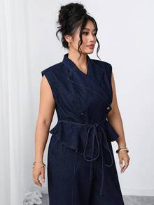 Elenzga 大码女式优雅舒适深蓝色无弹力牛仔衬衫 - 深色水洗藍 - 查看 6