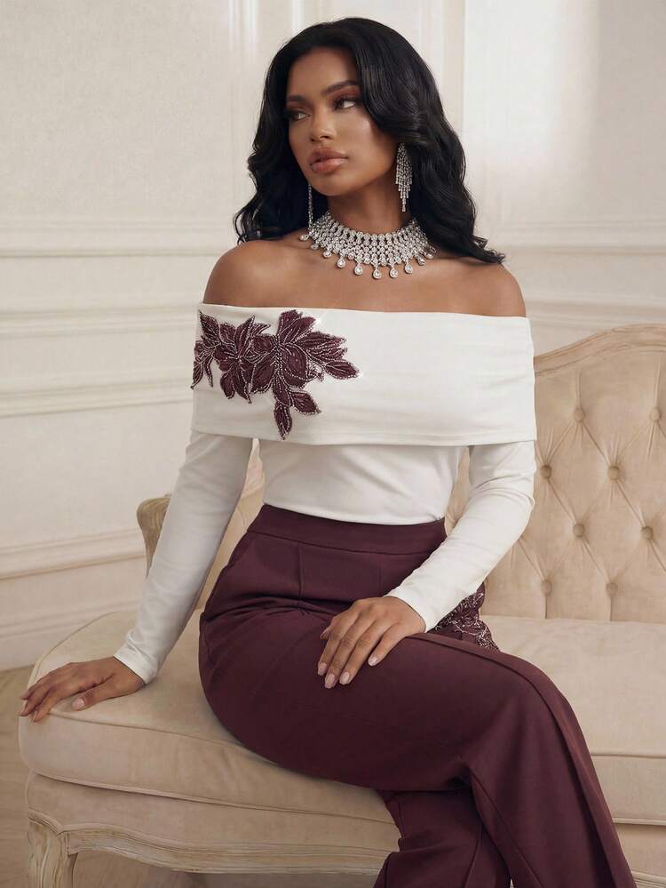 Anewsta Women's White Off-Shoulder Long Sleeve Top, Luxury Crystal Floral Decor, Elegant Spring/Summer Formal Wedding Guest Party Outerwear