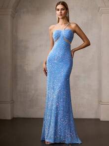 MOTF Soiréza 亮片撞色网纱鸡尾酒裙 - 藍色 - 查看 4