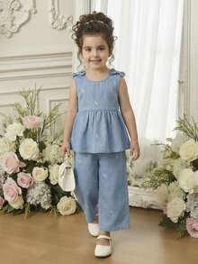 SHEIN Vintaside Kids 2 Stücke/Set Leichte Lässig Passform Süße Floral Stickerei Denim Trägerhemd & Weite Denim Hose für Kleine Mädchen, aus leichtem, weichem Baumwolldenim gefertigt, Muss-haben für Mädchen, geeignet für Frühling/Sommer Lässig, OOTD, Ausflüge, Partys, Neuerscheinung Frühling/Sommer 2026 - Helle Waschung - Übersicht 8